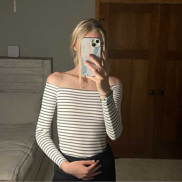 Material Girl Tops - Material Girl Black & White Off the Shoulder Body Suit